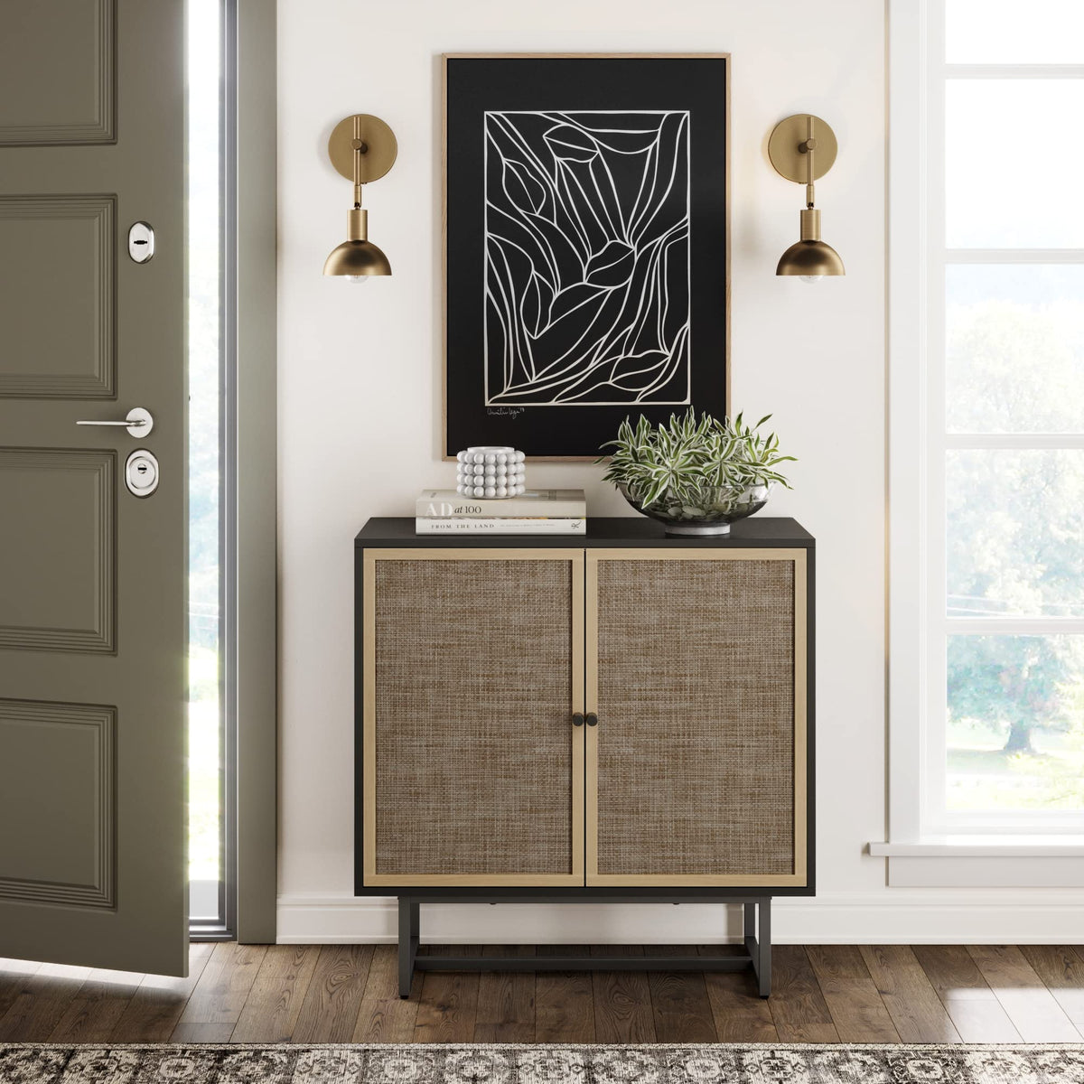 Nathan James Kova Rattan Wood Accent Sideboard Storage Cabinet Tv Stand With Matte Metal Frame, Adjustable Shelves And Cane Doors, For Hallway, Entryway Or Living Room, Black Oak/Cane, Set Of 2