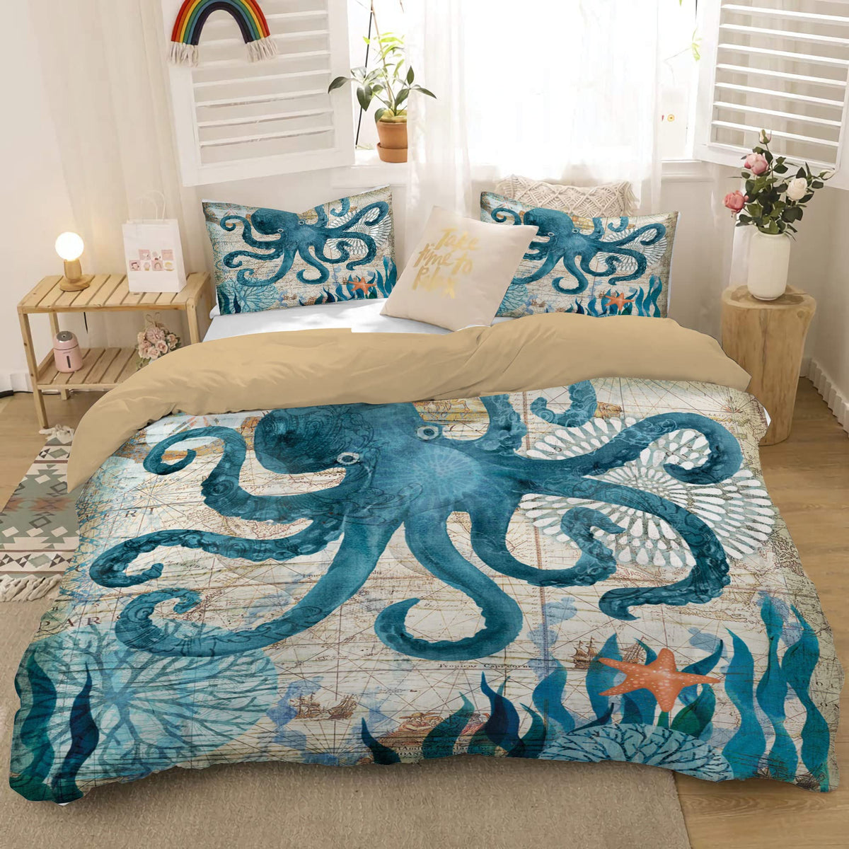 Musolei Ocean Comforter Set Queen Size Kids Octopus Bedding Collections Soft For Teen Boys Turquoise Ocean Themed Mediterranean