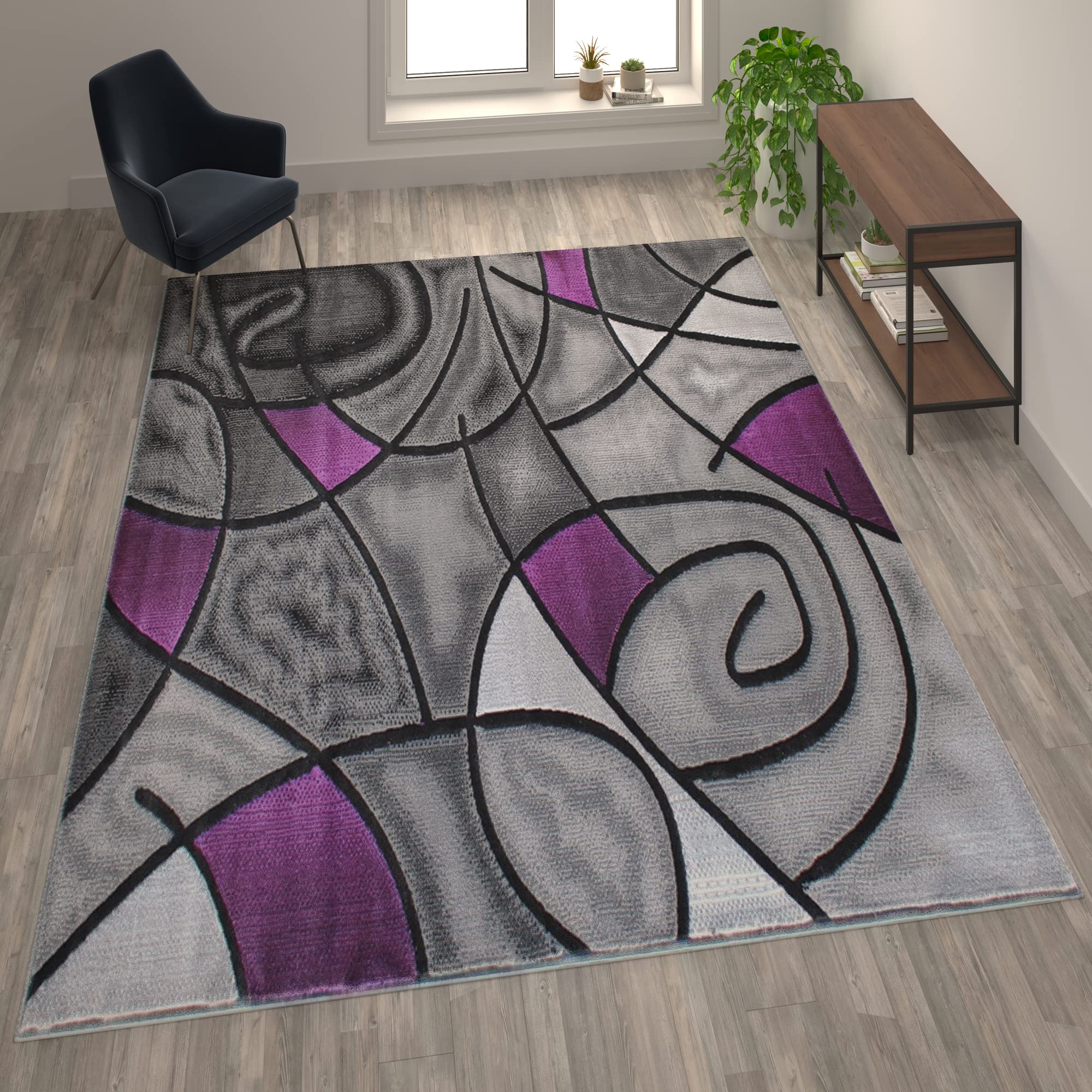 Flash Furniture Jubilee Collection Abstract Area Rug - Colorfast Purple Olefin Rug - 8' X 10' Area Rug - Jute Backing - Living Room, Bedroom, & Family Room