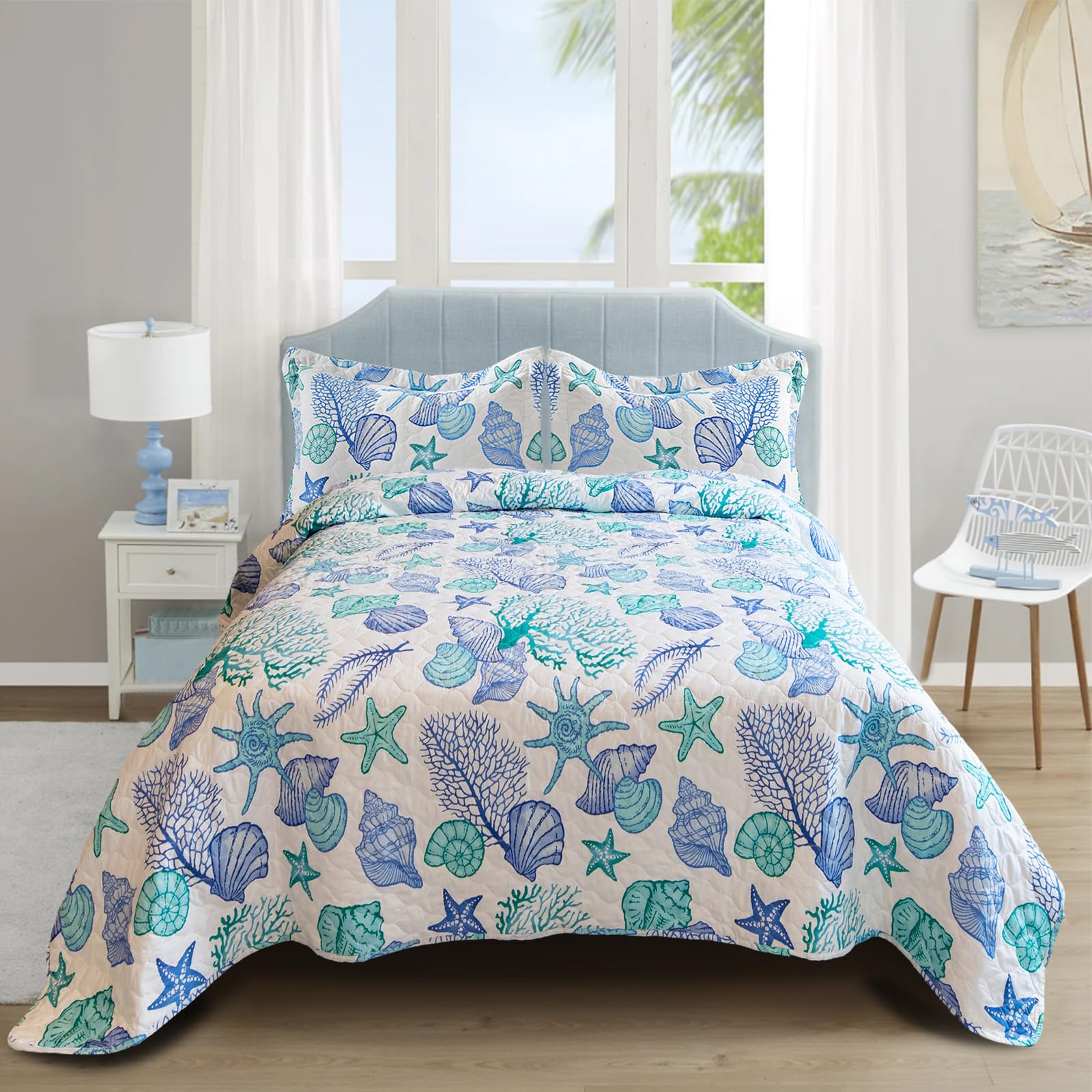 Junsey 3 Piece Quilts King Size Ocean Theme,Lightweight Coastal Beach Bedding Seashell Conch Starfish Bedspread Coverlet With 2
