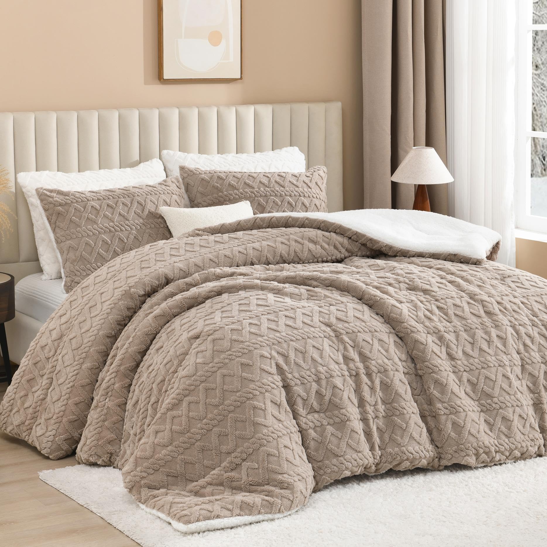 Andency Fluffy Sherpa Queen Comforter Set, Super Soft Khaki Fleece Warm Bedding For Winter, Luxury Jacquard Boho Thick Fuzzy Plu
