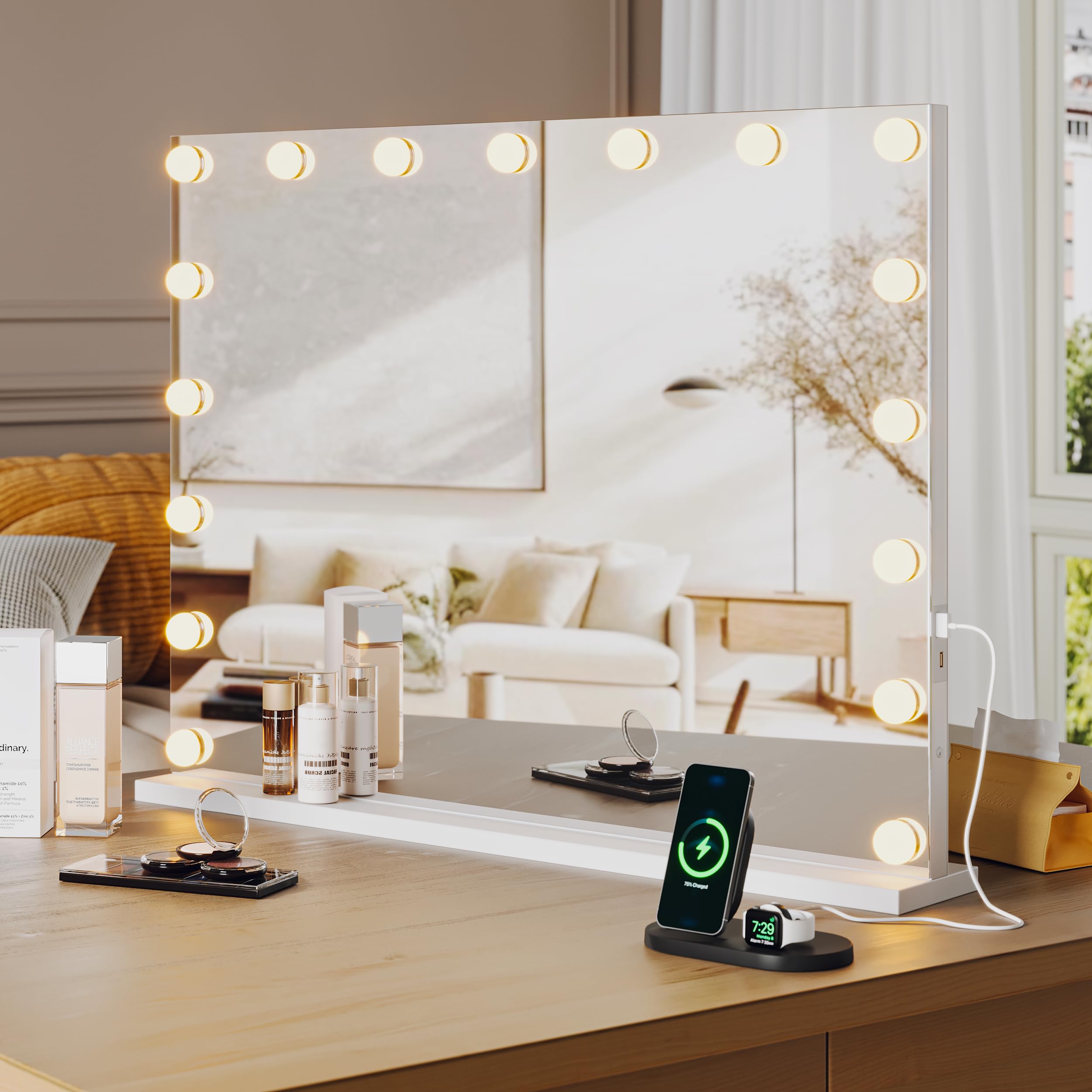 Vanity Mirror with Lights, Large Hollywood Lighted Vanity Mirror with 17 Dimmable LED Bulbs, 3 Color Modes, USB Charging Port, L