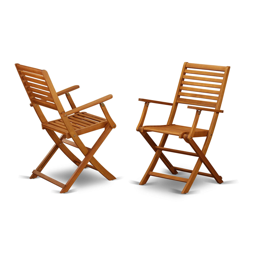 East West Furniture MNBS3CANA Marion 3 Piece Outdoor Conversation Bistro Set Contains a Round Acacia Wood Coffee Table and 2 Folding Arm Chairs, 30x30 Inch, Natural Oil