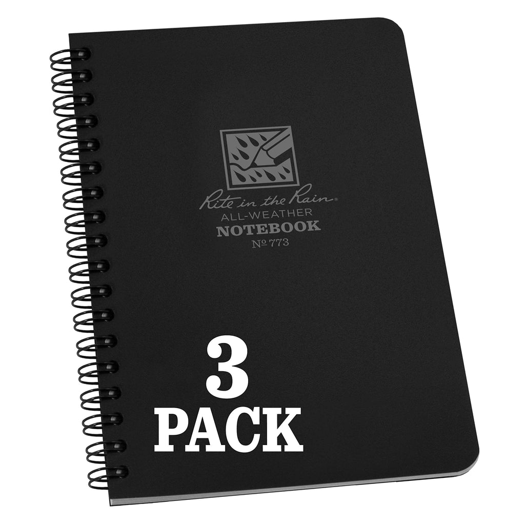 Rite In The Rain Weatherproof Side Spiral Notebook, 4.625' X 7', Black Cover, Universal Pattern, 3 Pack (No. 773L3)
