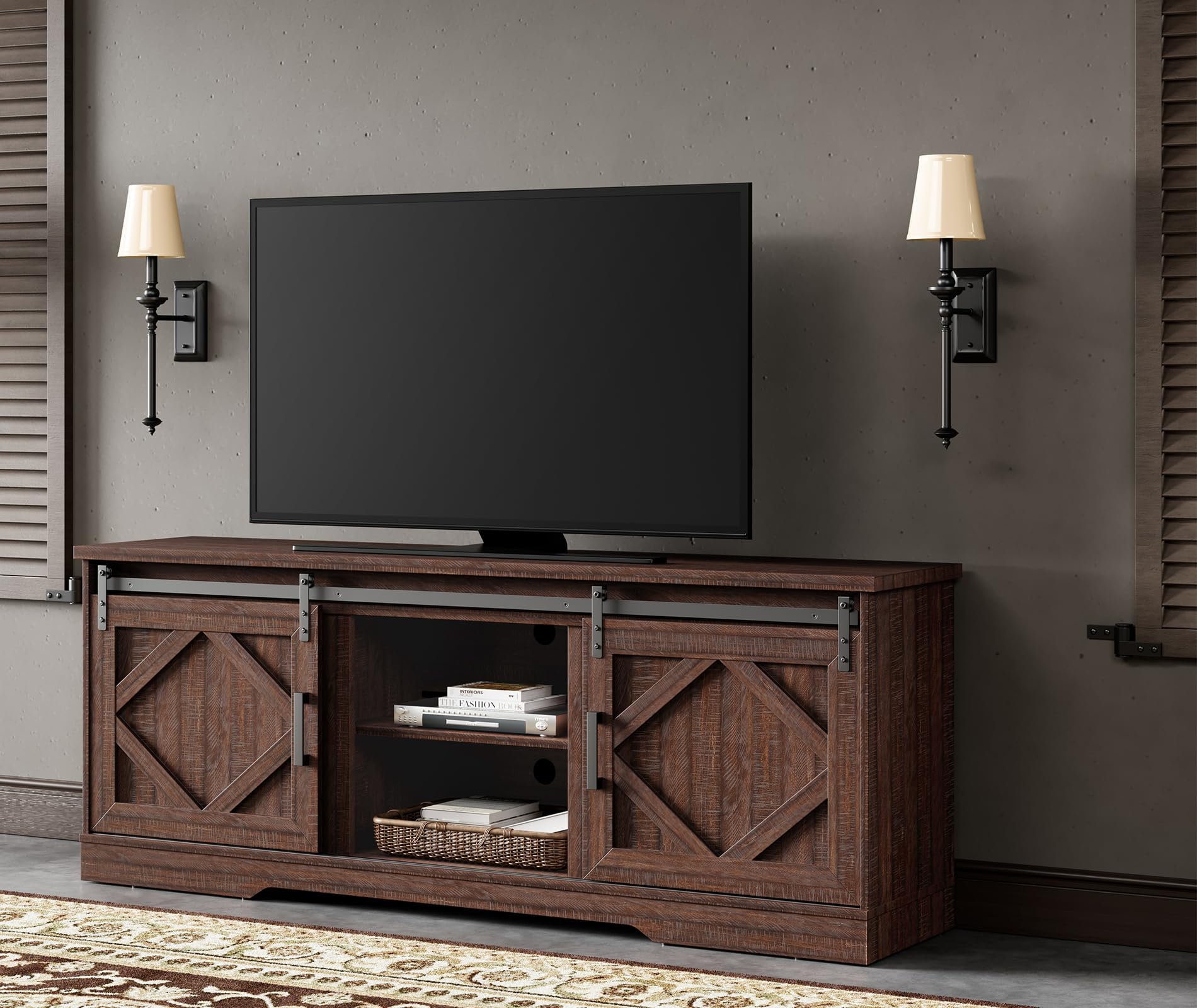 Wampat Morden Farmhouse Tv Stand For Tvs Up To 75 Inch With Sliding Barn Door,Wood Entertainment Center With Adjustable Media Storage Shelf For Living Room, Rustic Brown