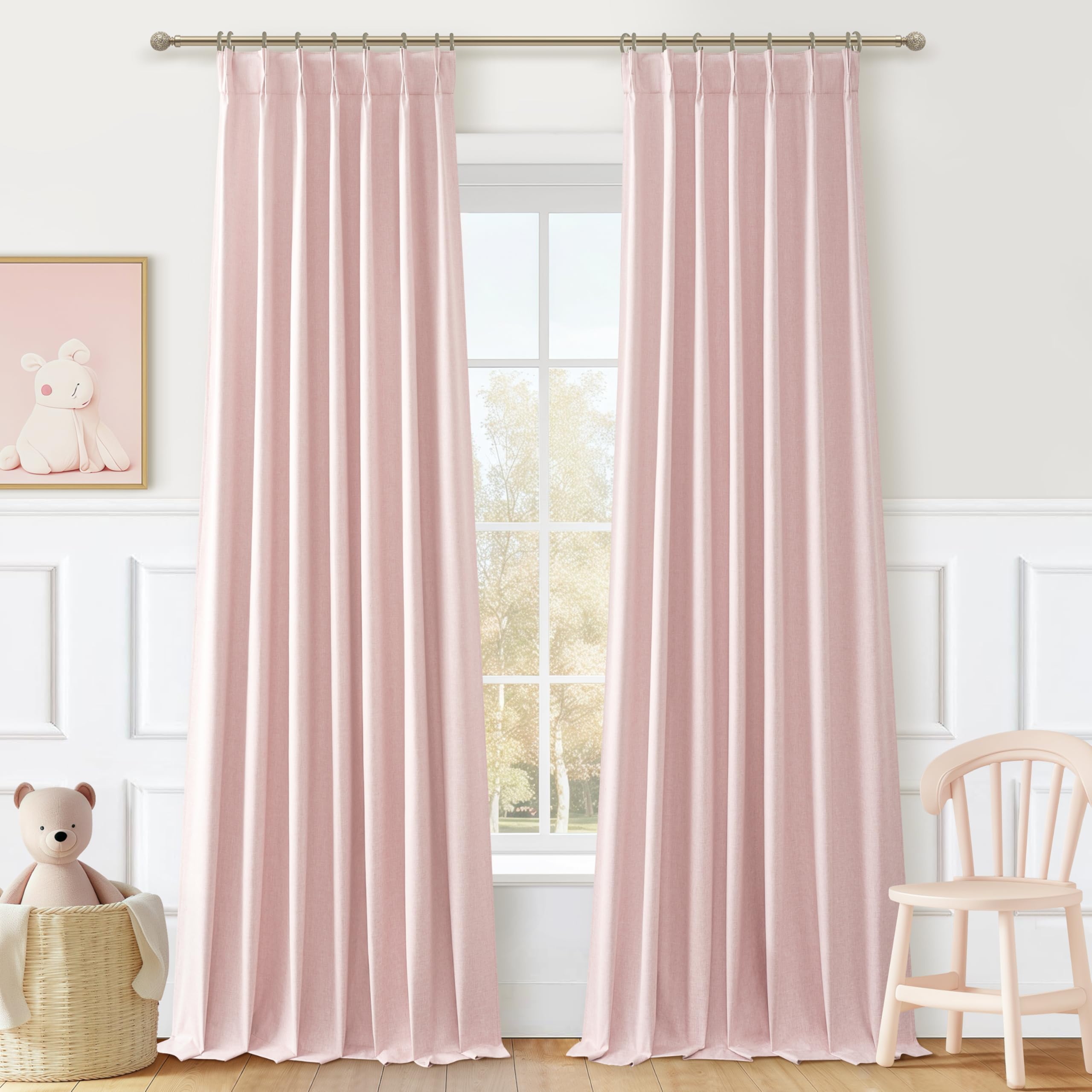 Pink Blackout Thick Linen Drapes 108 Inches Long 2 Panels Set for Bedroom, Extra Long Pinch Pleated Floor to Ceiling Boho Curtai
