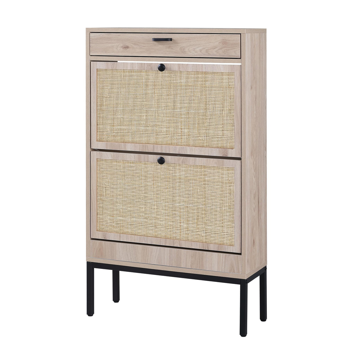 Xiao Wei Shoe Cabinet, Natural Rectangular Rattan Shoe Storage Organizer Cabinet With 2 Flip Drawers, Freestanding Shoe Rack With Adjustable Shelf For Entryway