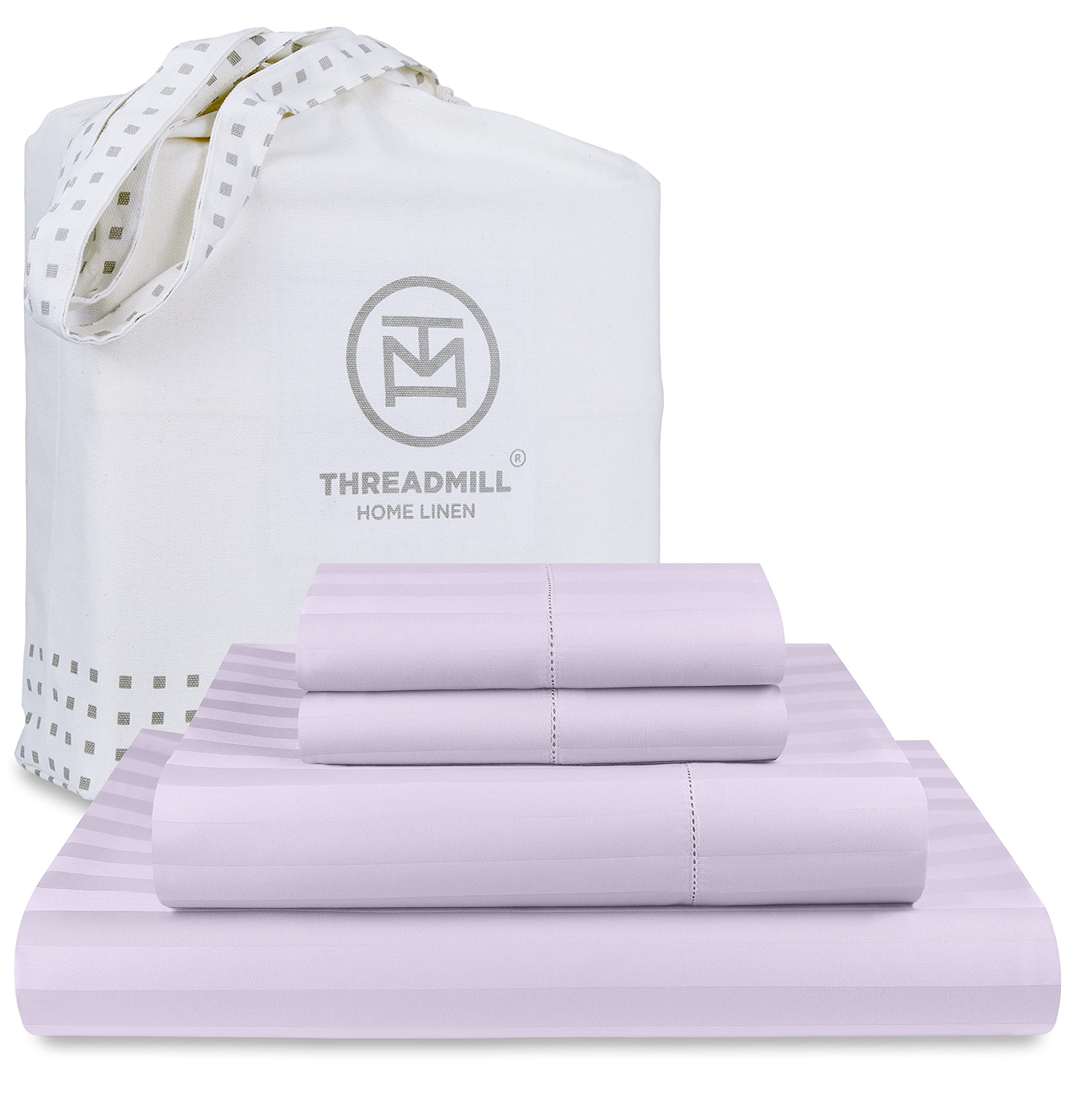 Threadmill 500 Thread Count King Size Damask Stripe, 4 Pc Luxury Cotton Bed Sheet Set, Silky Soft & Breathable Lilac Sheets with