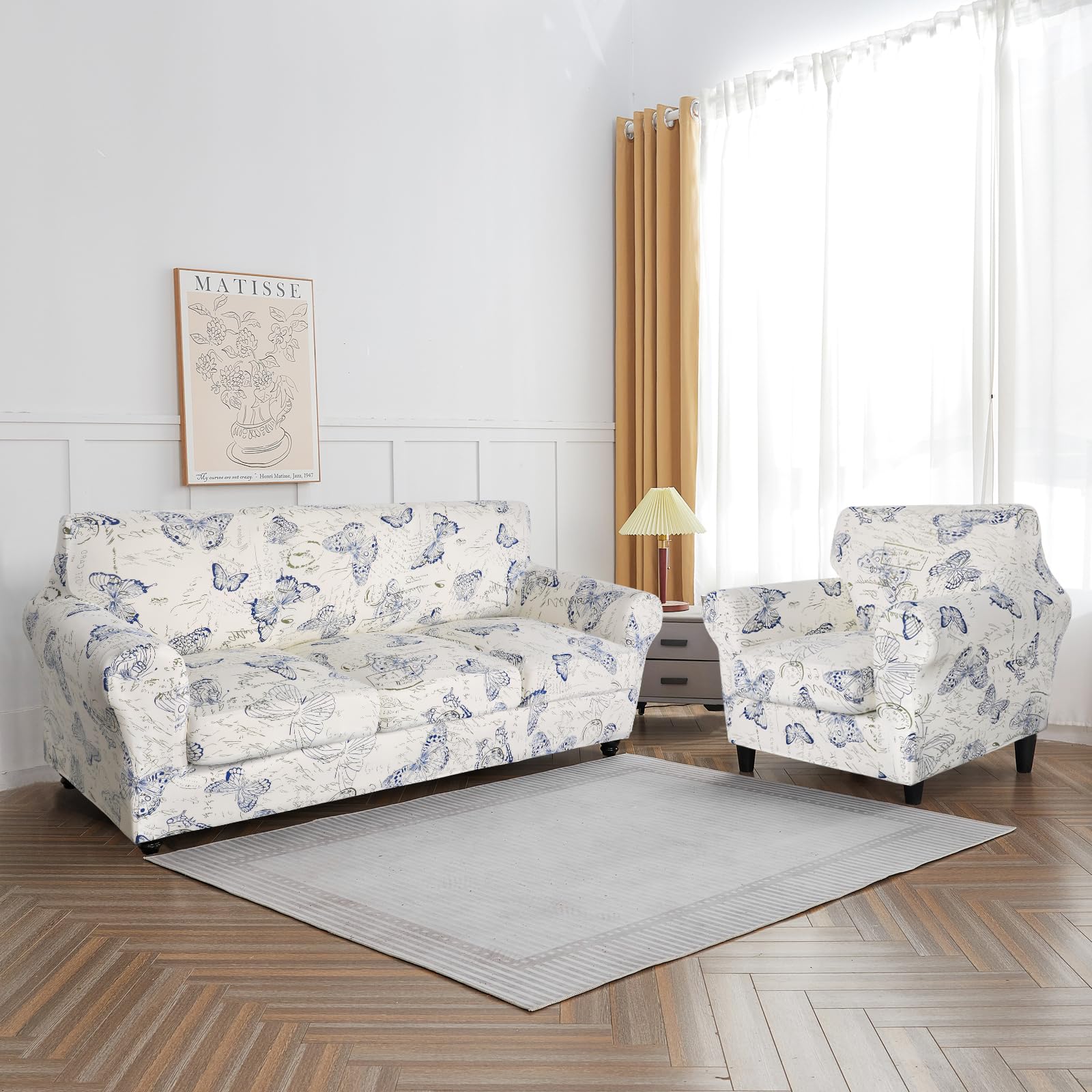 Searchi Stretch Sofa Cover Printed Couch Cover, Floral Pattern 3 Pieces Loveseat Slipcover With 2 Separate Cushion Cover, Washable Furniture Protector For Living Room(Loveseat, Butterfly Pattern)