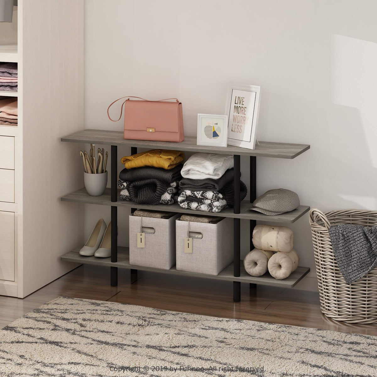 Furinno Turn-N-Tube 3-Tier Wide Display Shelf, French Oak Grey/Black