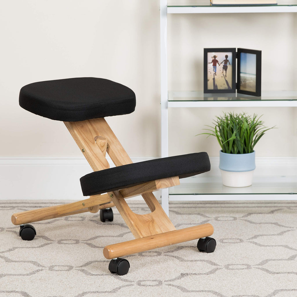 Flash Furniture Posey Mobile Wooden Kneeling Office Chair for Improved Posture, Height-Adjustable Ergonomic Office Kneeling Chair, Natural/Black