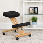 Flash Furniture Posey Mobile Wooden Kneeling Office Chair for Improved Posture, Height-Adjustable Ergonomic Office Kneeling Chair, Natural/Black