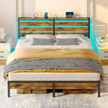 Rolanstar Bed Frame King Size with USB Charging Station, LED Bed Frame with Wood Storage Headboard, Rustic Brown Metal Platform 