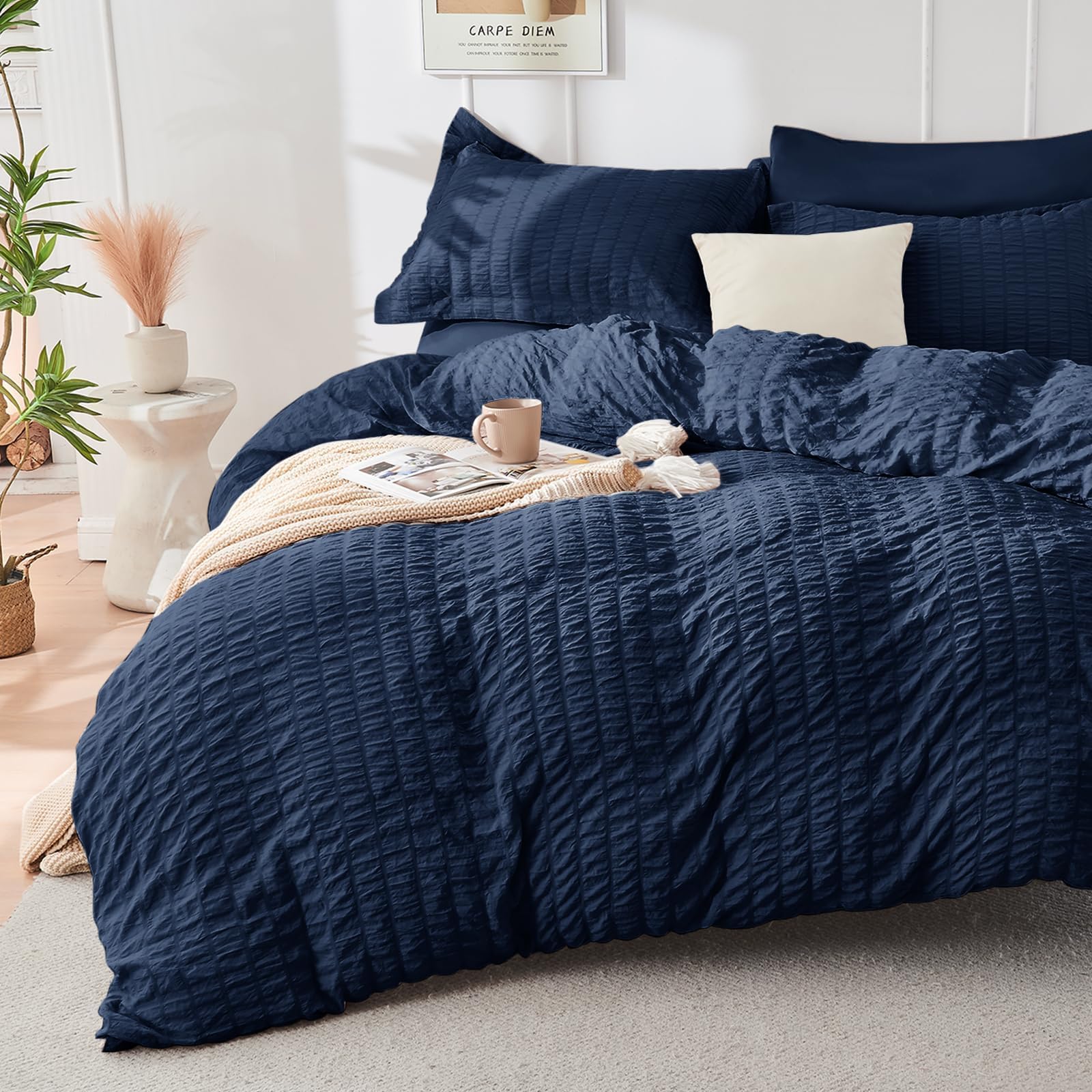 Hymokege Navy Blue Duvet Cover Full Size, Ultra Soft 3-Piece Seersucker Duvet Cover Set With Zipper Closure, Soft Brushed Microf