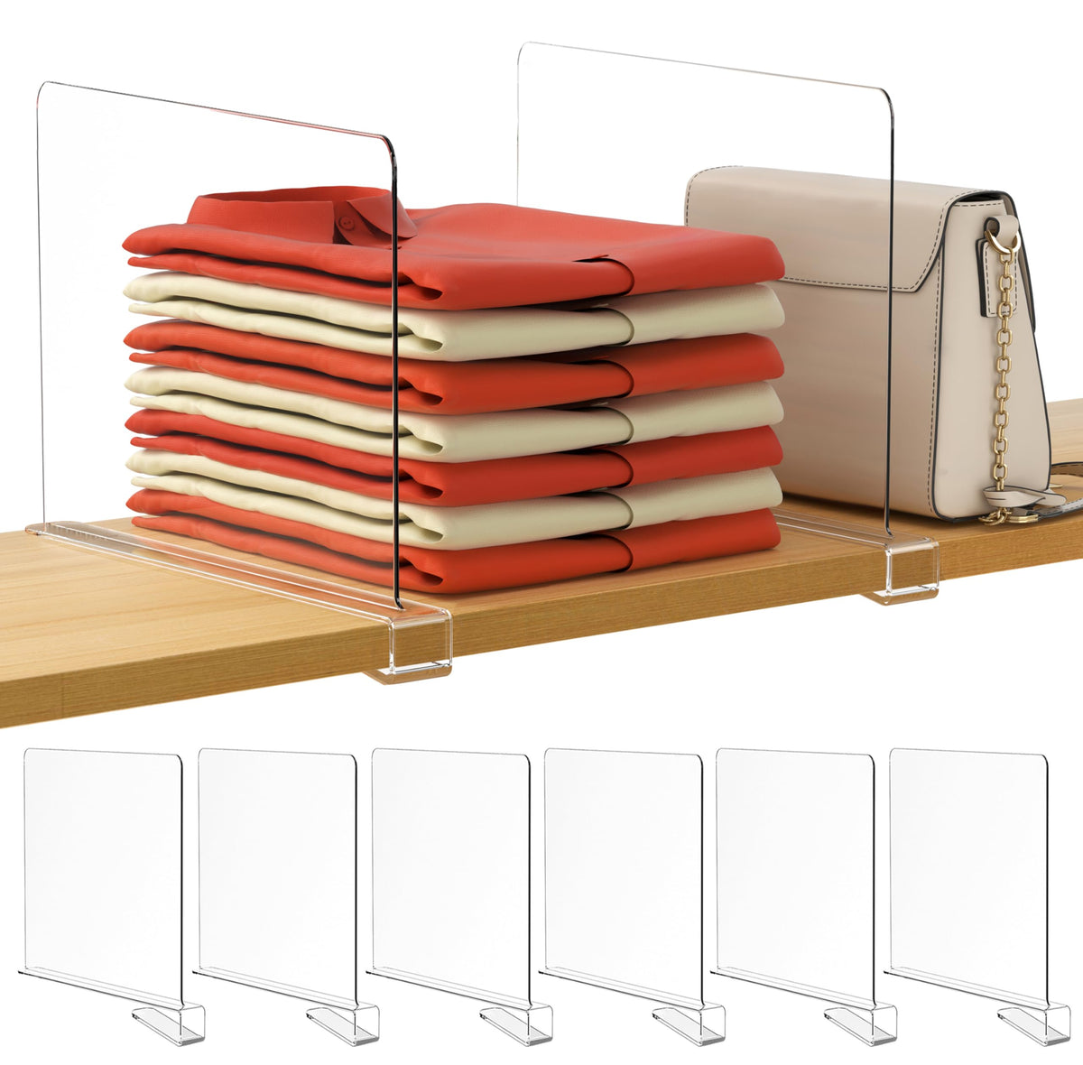 Hblife 12 Inches Tall [Extra Tall Version] Clear Shelf Dividers, 6 Pack Purse Organizer For Closet Perfect For Sweater, Shirts, Handbags, Acrylic Adjustable Bookshelf For Organization