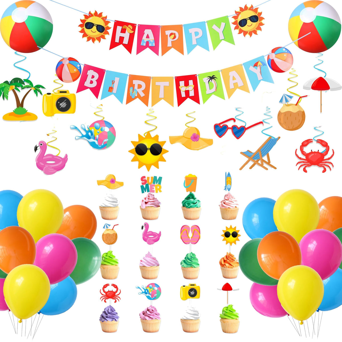Summer Pool Beach Party Decoration Beach Theme Pool Birthday Party Supplies with Birthday Banner Cupcake Toppers Hanging Swirls 