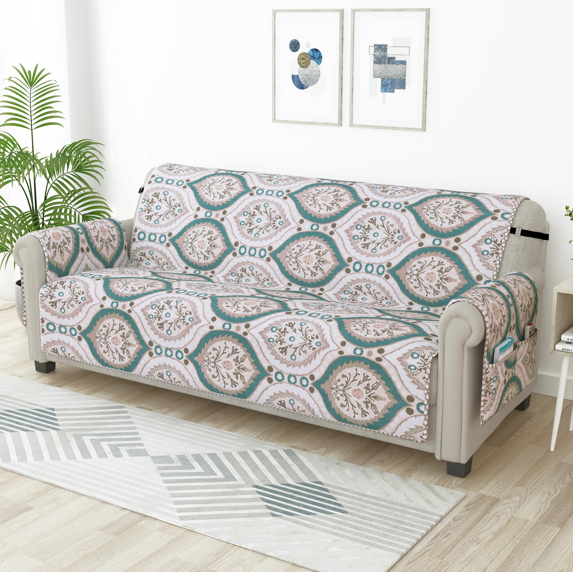 Story@Home Quilted Sofa Cover 4 Seater Fully Covered Microfiber Sofa Cover 4 Seater 175 X 220 Cm Ivory & Green,Motif & Paisley, 
