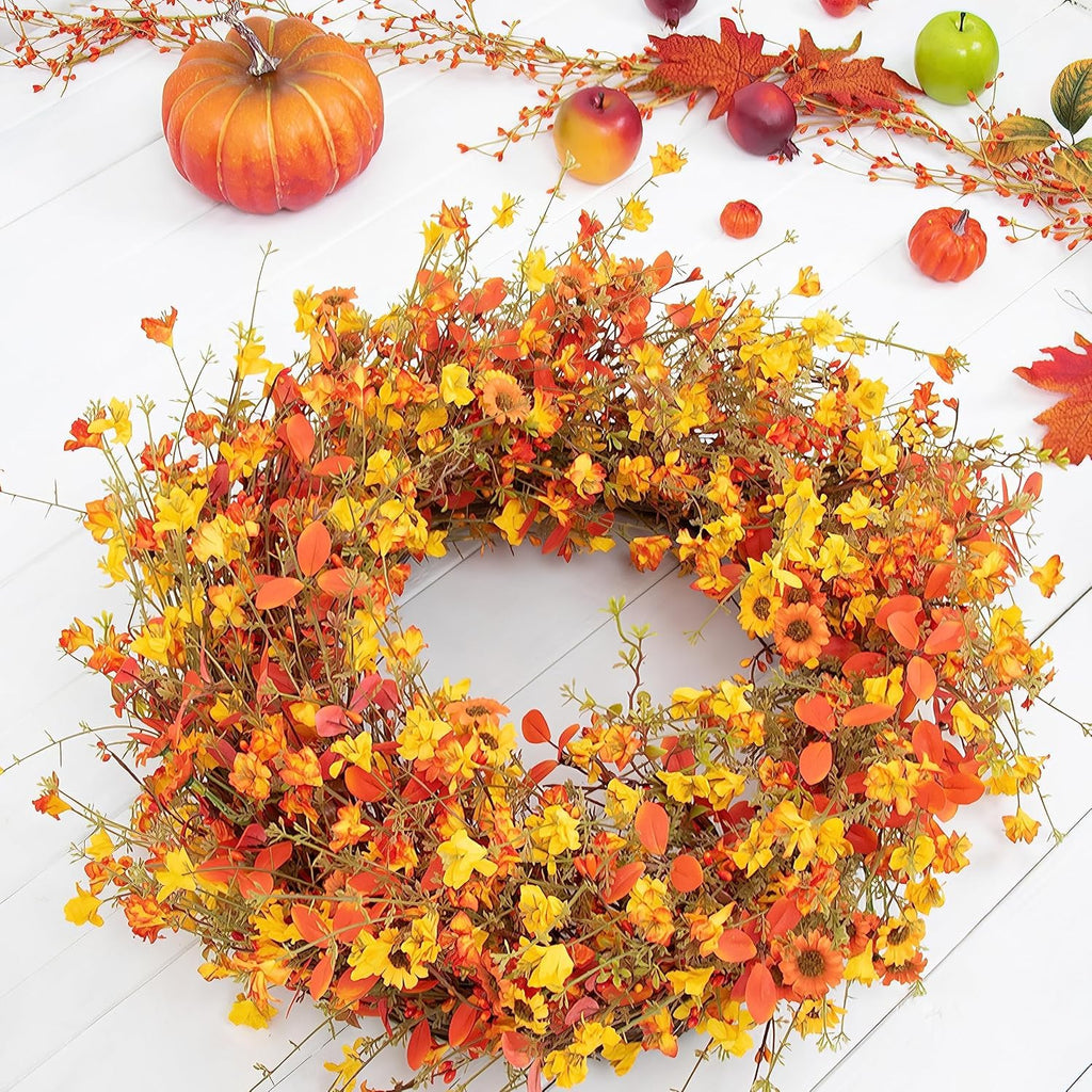 22 Inch Fall Wreaths For Front Door Artificial Orange Eucalyptus Berry Autumn Wreath With Daisy Jasmine Flowers Farmhouse Fall F