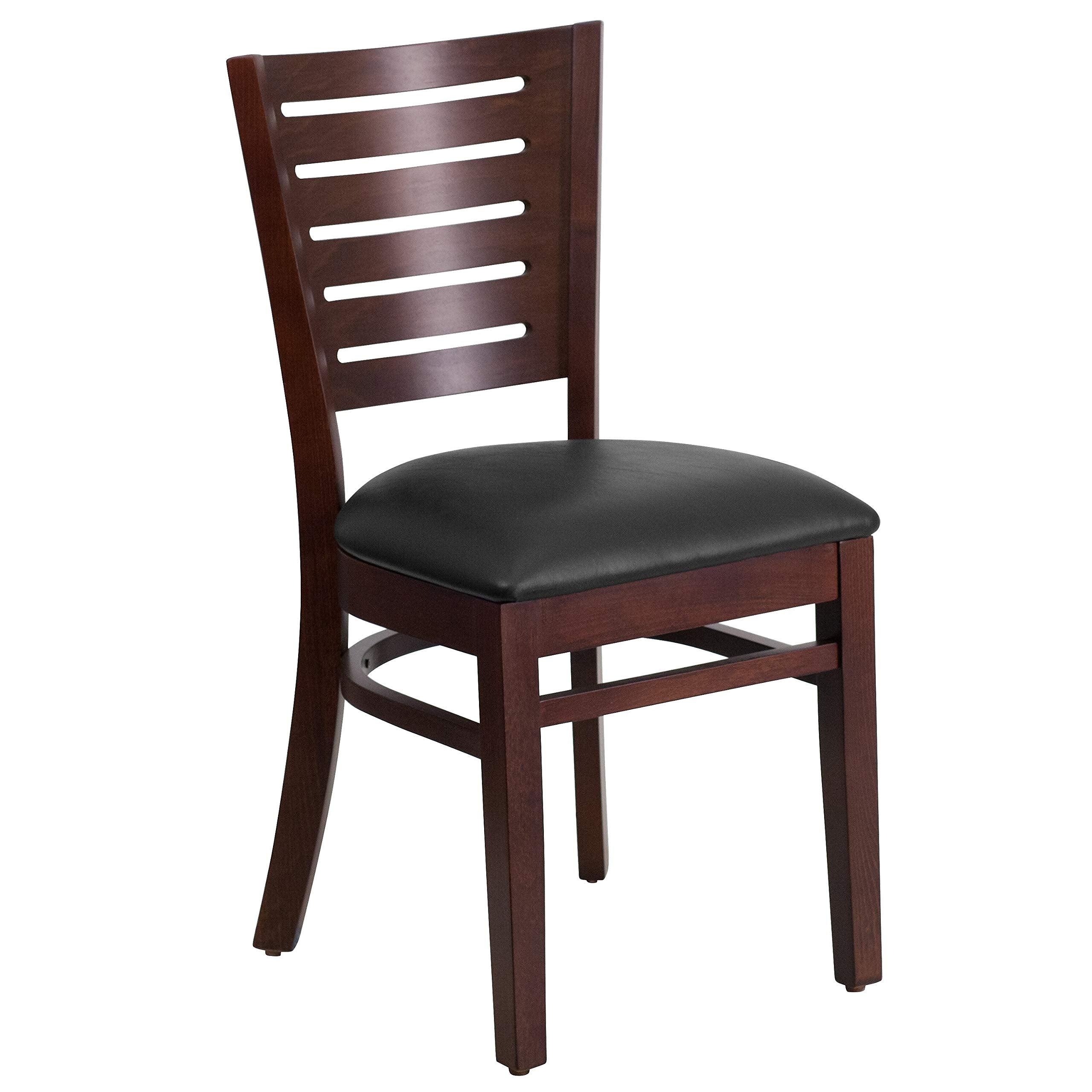 2 Pk. Darby Series Slat Back Walnut Wooden Restaurant Chair - Black Vinyl Seat