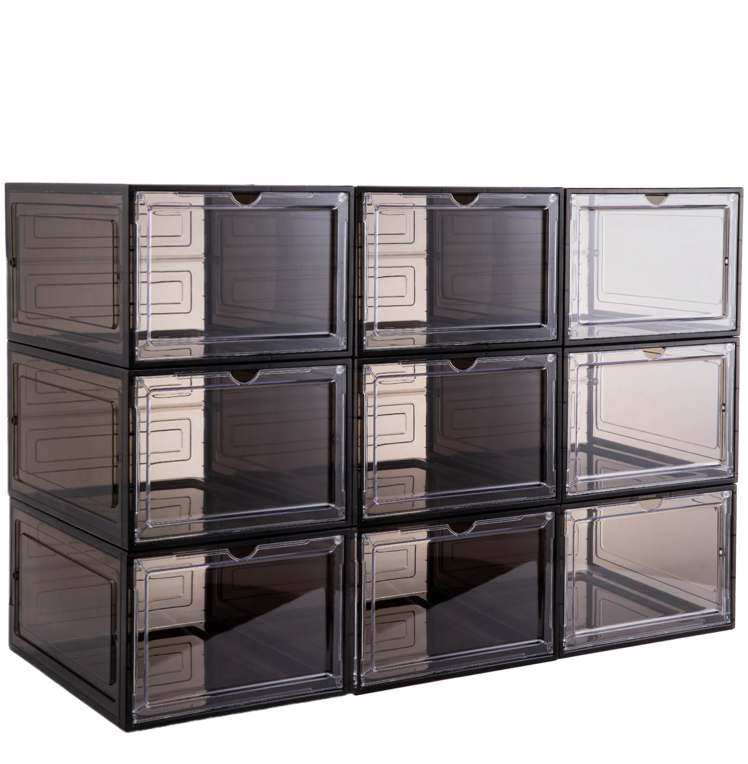 Attelite X-Large Clear Plastic Shoe Boxes - Stackable Shoe Organizer With Magnetic Door, Drop Front Display Box (9 Pack, Clear Black)
