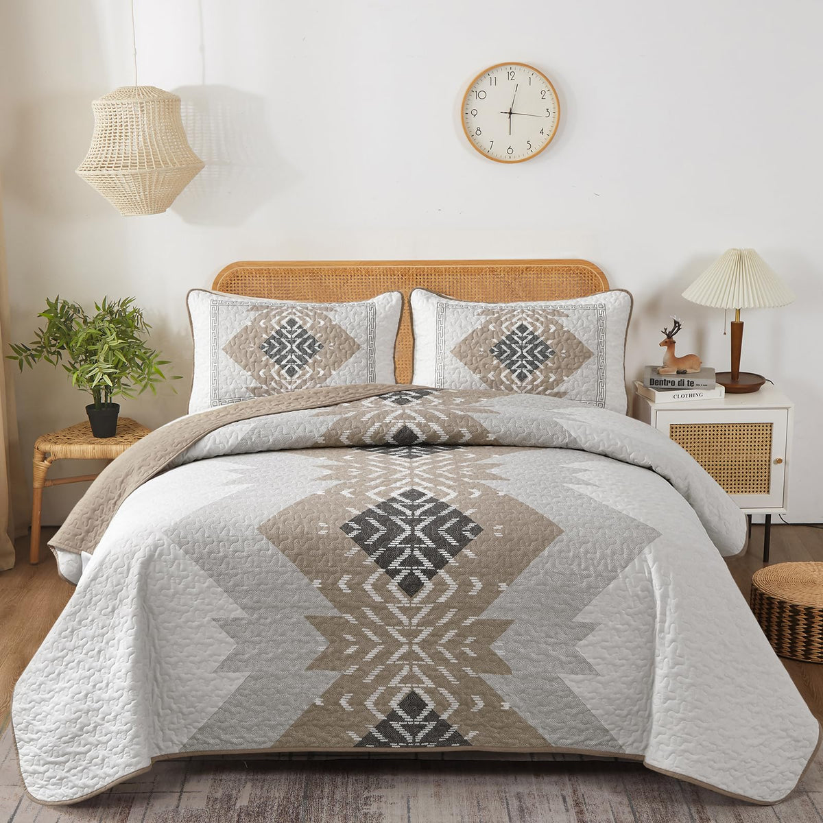 Dintszyayue Brown Boho Quilt Set Queen,3 Pieces Aztec Texture Quilt With 2 Pillowcases,Bohemian Geometric Bedspread Bedding Set