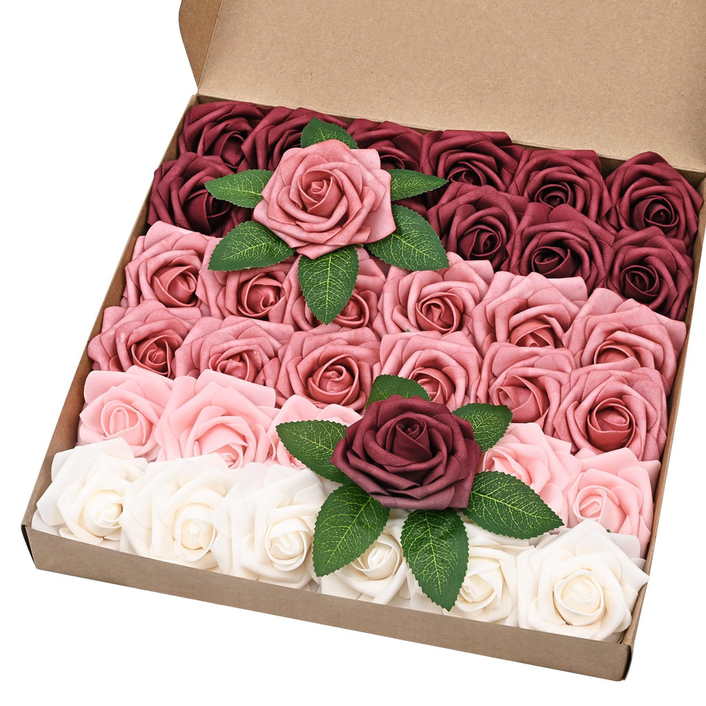 BLEUM CADE 36Pcs Artificial Flowers Fake Roses with Stems, Gradient Burgundy Boxed Foam Roses for DIY Bouquets Centerpieces Wedd
