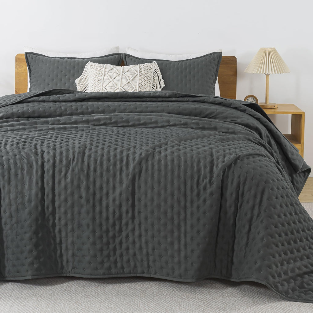 Andency Dark Grey King Size Quilt Bedding Set (106X96 Inch), 3 Pieces Soft Lightweight Bedspread Coverlet, Drak Gray Boho Summer