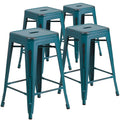 Flash Furniture Kai Commercial Grade 4 Pack 24 High Backless Distressed Kelly Blue-Teal Metal Indoor-Outdoor Counter Height Stoo