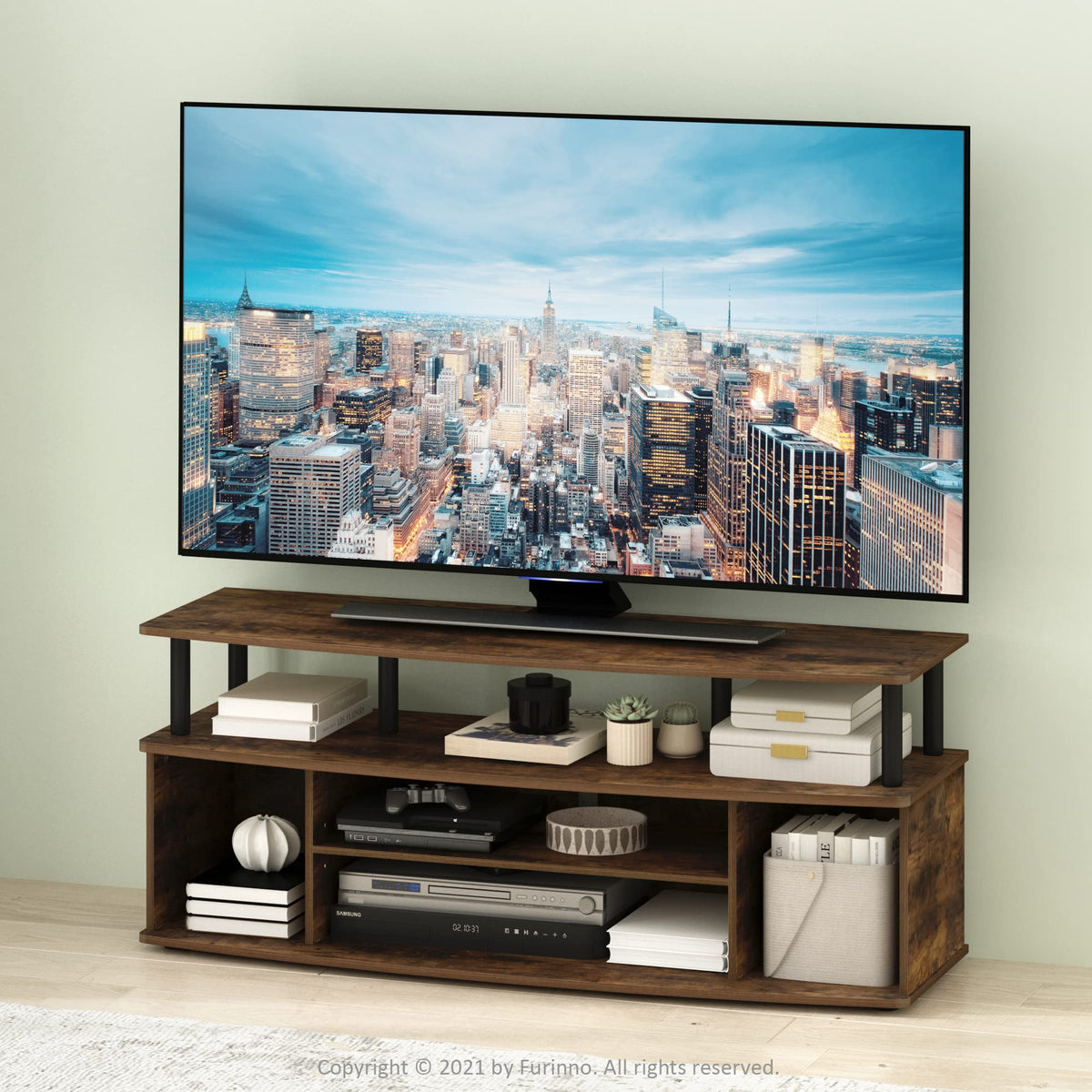 Furinno Jaya Large Entertainment Center Stand Unit/Tv For Up To 55 Inch, Amber Pine/Black