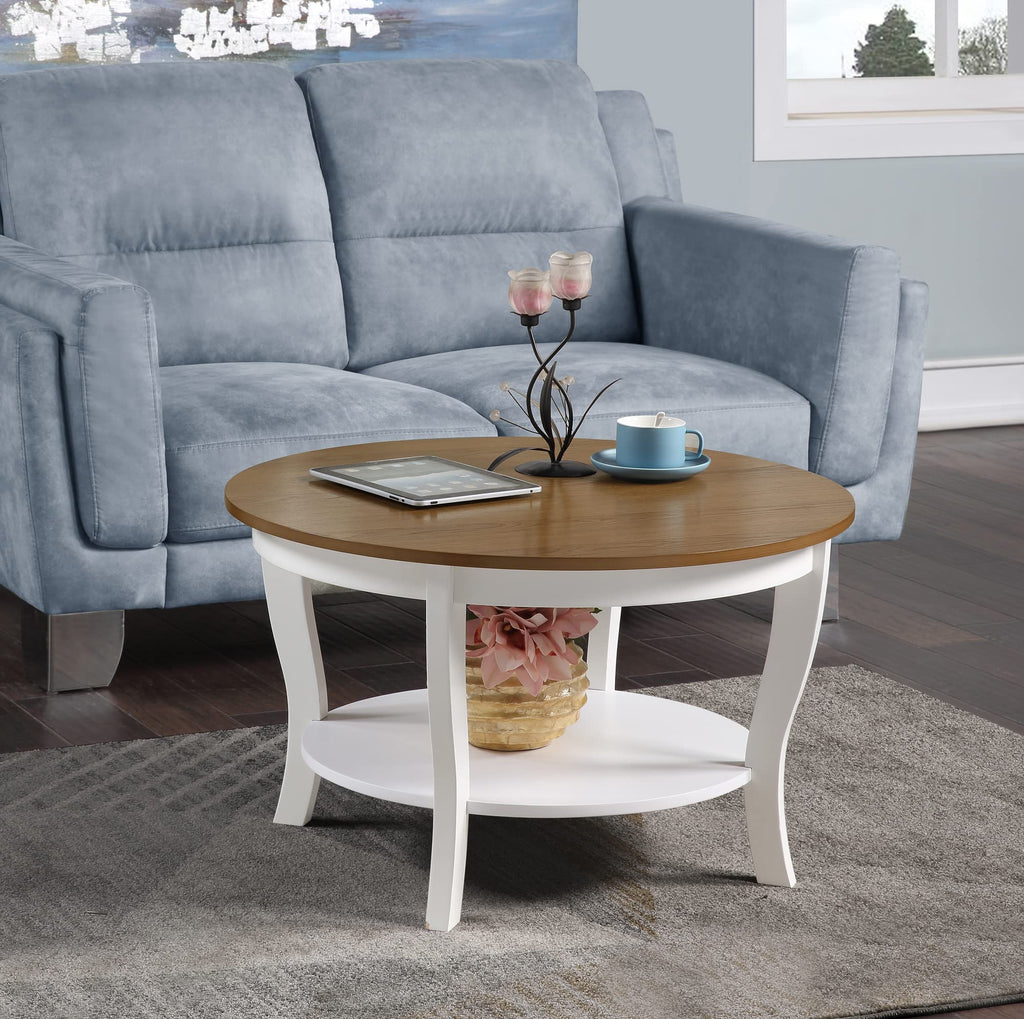 Convenience Concepts American Heritage Round Coffee Table With Shelf, Driftwood/White