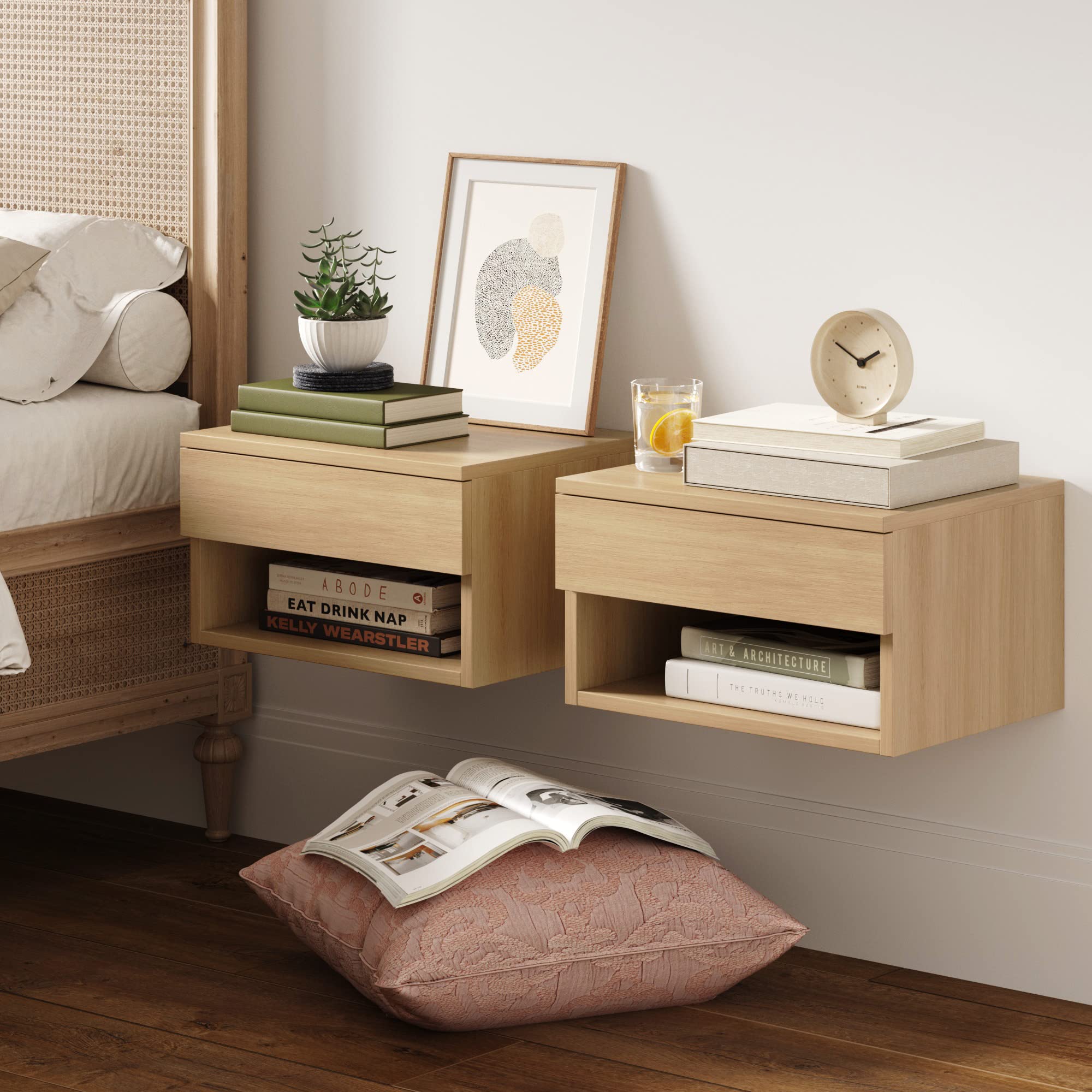 Nathan James Jackson Wall Mounted Floating Bedroom Nightstand With Storage Drawer And Modern Open Shelf Cubby Set Of 2, Light Oak Wood