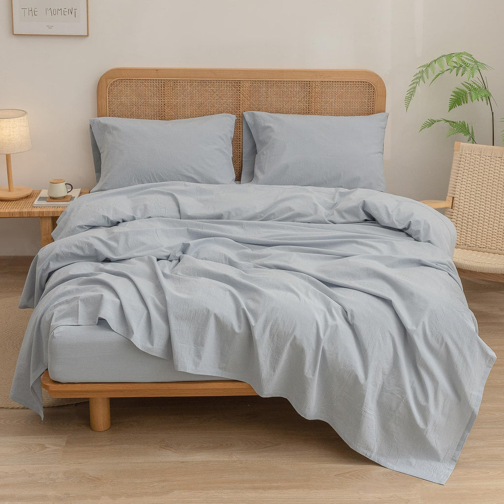 Bestouch Sheet Set 100% Washed Cotton Linen Feel Super Soft Comfortable Chic Lightweight 4 Pcs Home Bedding Set Solid Cornflower