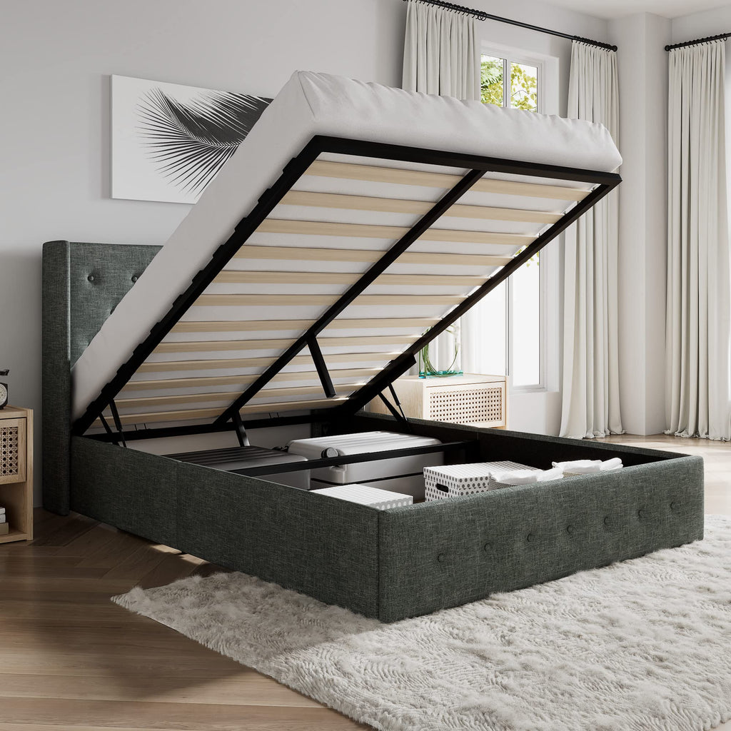 Sha Cerlin Queen Size Lift Up Storage Bed/Button Tufted Wingback Headboard/Hydraulic Storage/Upholstered Platform Bed Frame/No Box Spring Needed/Wood Slats Support/Dark Grey