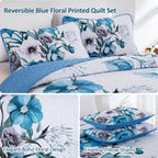 Drucon Floral Quilt Set Queen 3 Pieces Boho Blue Floral Quilt Coverlet Set Soft Microfiber Lightweight Blue Quilted Bedspread Fo
