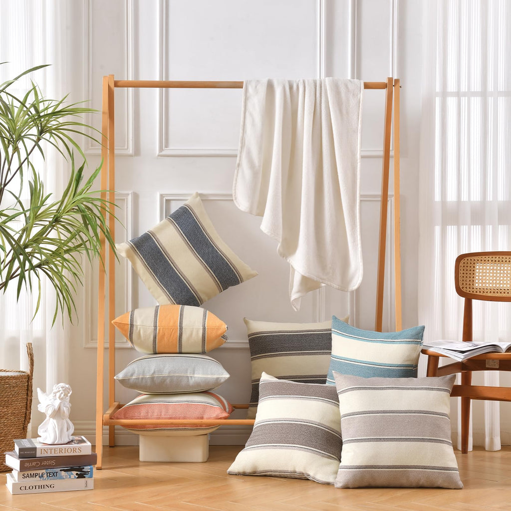 Amhoo Pack Of 2 Farmhouse Linen Throw Pillow Cover Cushion Stripe Decoration Buffalo Retro Pillowcase With Hidden Zipper For Sof
