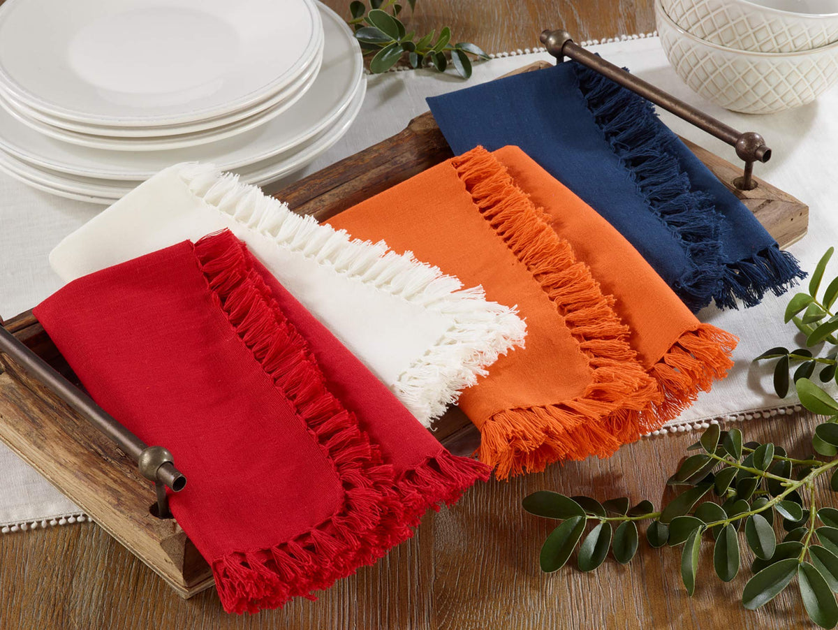 Saro Lifestyle 1234 Lizette Collection Fringed Design Festive Dinner Napkins (Set Of 4), Off White, 20'' Square, 4 Pieces