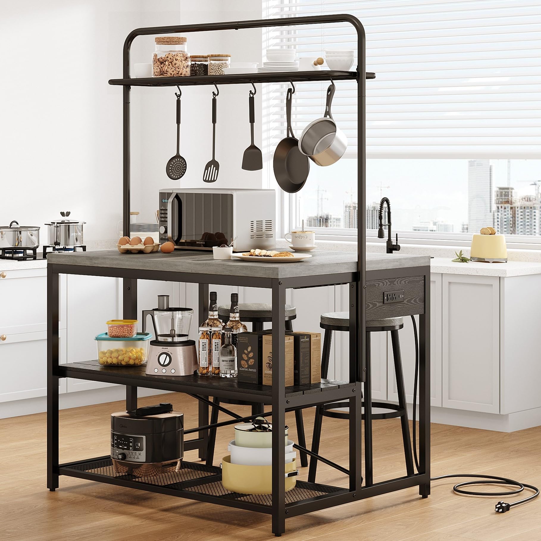 Jocoevol Modern Grey Rectangular Kitchen Island with Storage, Power Outlet, 5 Racks, 31 x 41 x 27.5 inches
