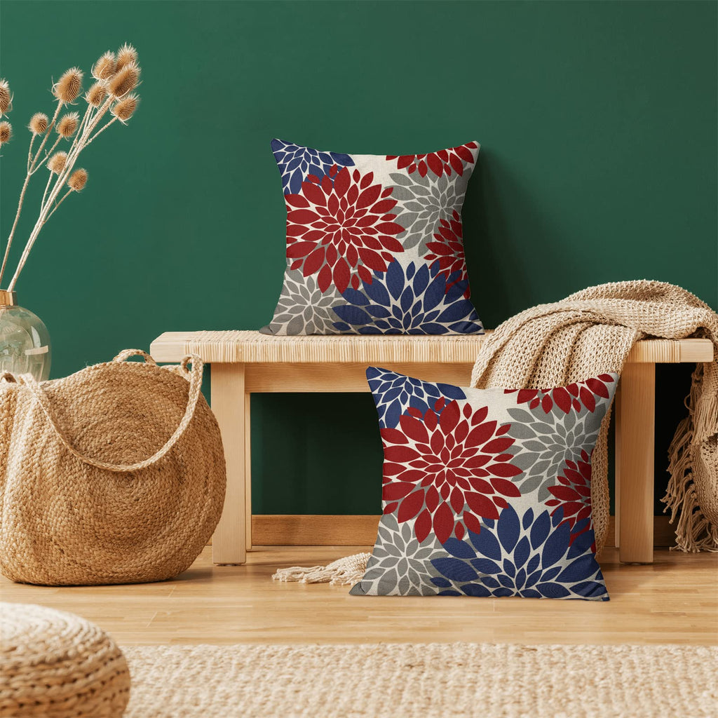 Cxmeifly Red Navy Blue Pillow Covers 20X20 Inch Set Of 2 4Th Of July Dahlia Floral Decor Throw Pillows Summer Modern Geometry Fl