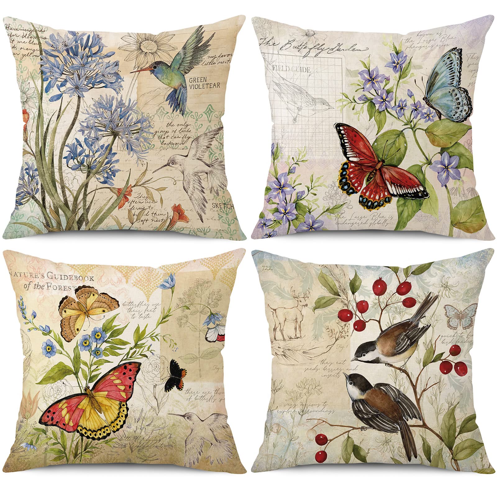 Wyooxoo Farmhouse Pillow Covers 18X18 Set Of 4 Spring Summer Throw Pillow Covers Linen Flower Butterfly Bird Decorative Pillowca