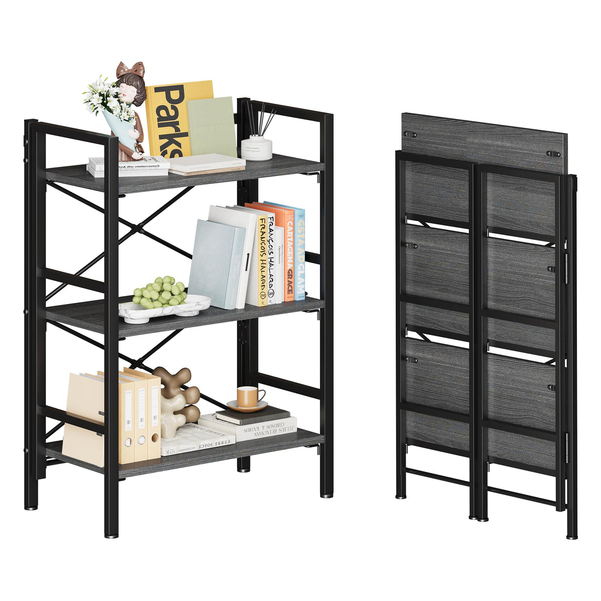 Homeiju Folding Bookshelf No Assembly, 3 Tier Bookcase Foldable Shelf with XBracket Design, Adjustable Feet, Space Saving Stora