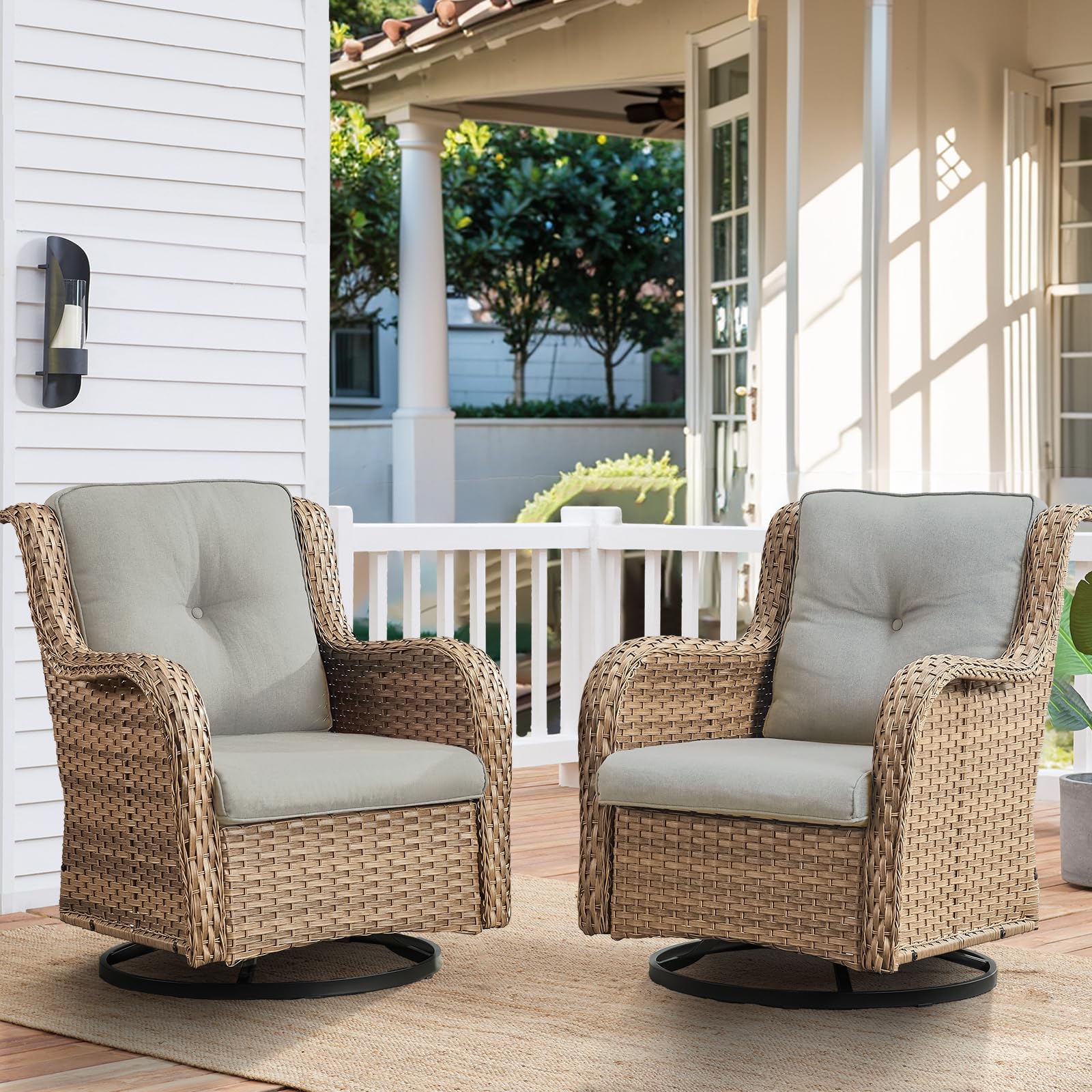 Hummuh Outdoor Swivel Rocker Pe Wicker Patio Chairs Set Of 2, Rattan Rocking Chair Furniture Set (Yellow,Beige)