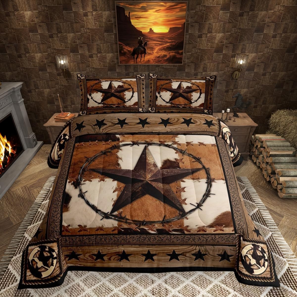 Manfei Western Texas Star Kids Comforter Set Queen Size,Cow Fur Wooden Plank Bedding Set,Boys Girls Adults Room Decor,Rustic Far
