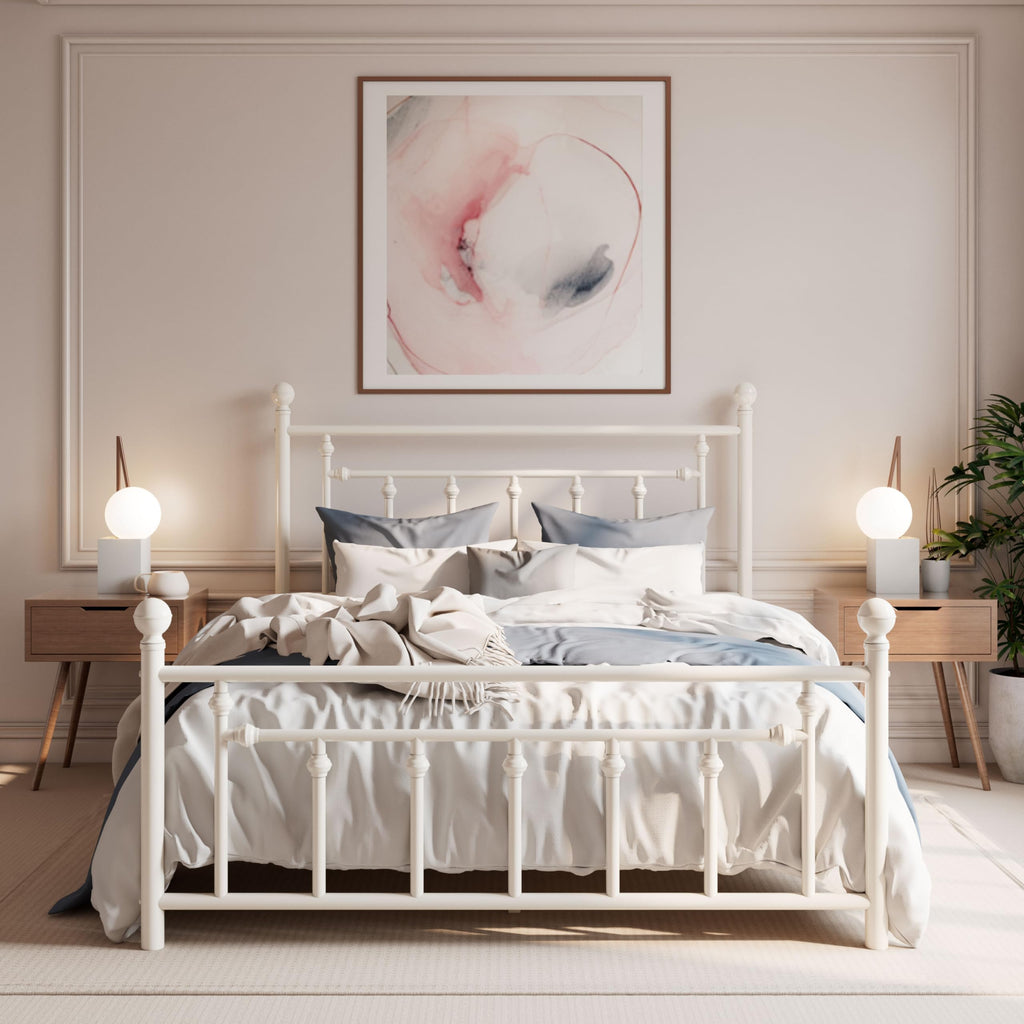 Sha Cerlin 14'' Queen Size Metal Platform Bed Frame/Victorian Headboard And Footboard/Steel Slats Mattress Foundation For Storage/No Box Spring Needed/Noise Free/White