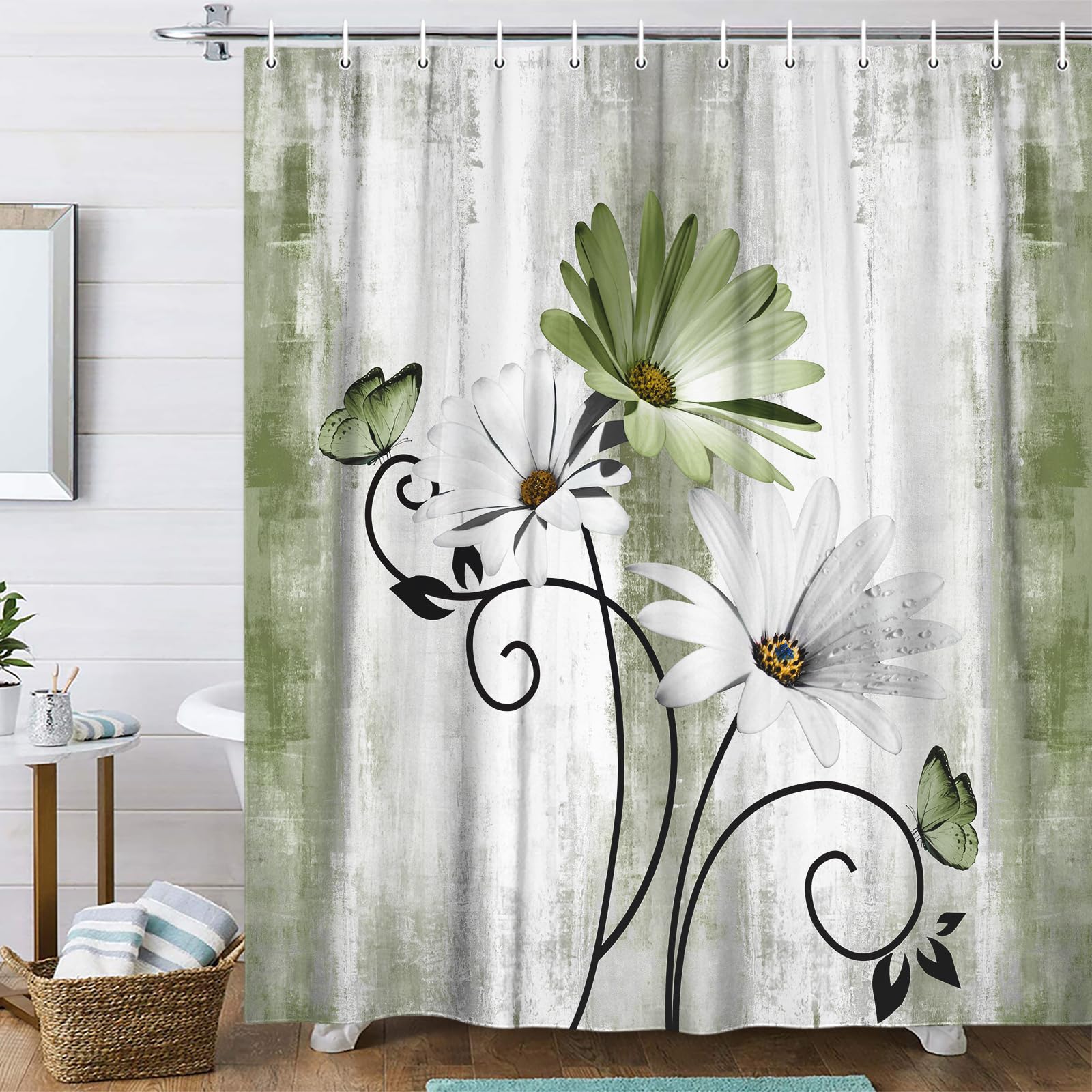 Rustic Farmhouse Shower Curtain, Farm Sage Green Daisy Floral Flowers and Butterfly on Country Wooden Forest Green Shower Curtai