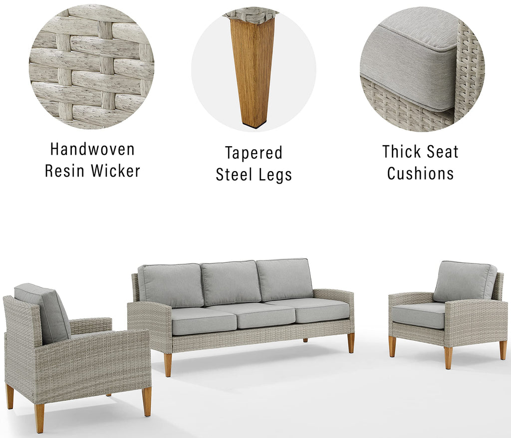 Crosley Furniture Capella 3-Piece Outdoor Sofa Patio Furniture Set, Wicker Conversation Sets For Porch, Acorn With Gray Cushions