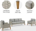 Crosley Furniture Capella 3-Piece Outdoor Sofa Patio Furniture Set, Wicker Conversation Sets For Porch, Acorn With Gray Cushions
