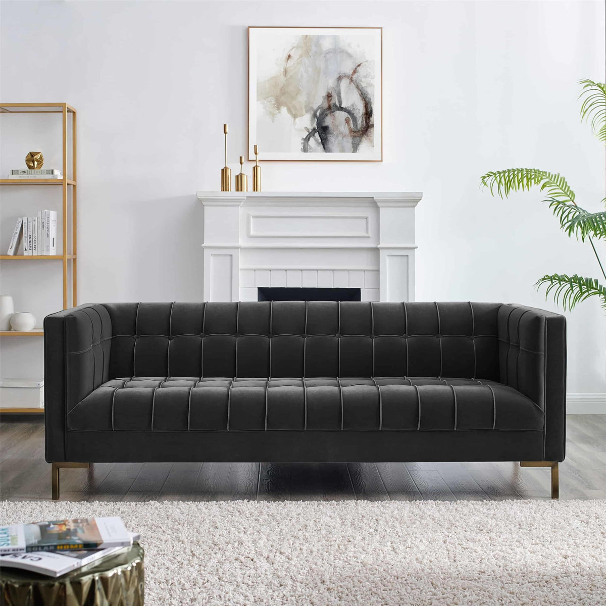 Addison Grace Home Dcor Steve Silver Furniture Isaac Gray Velvet Luxe Mid Century Modern Design with Brass Legs and Channel Stitching Sofa