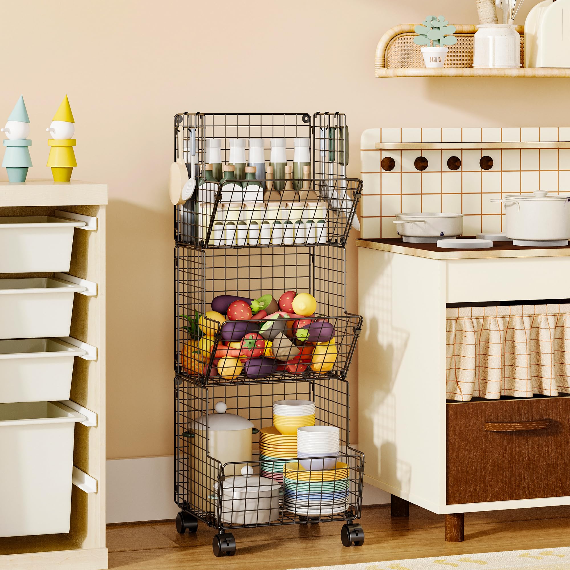 Outdoor Toy Storage, Play Kitchen Storage, Garage Toy Organizer with 5 S-Hooks, Rolling Toy Storage Pantry Floor Storage Cart Sn