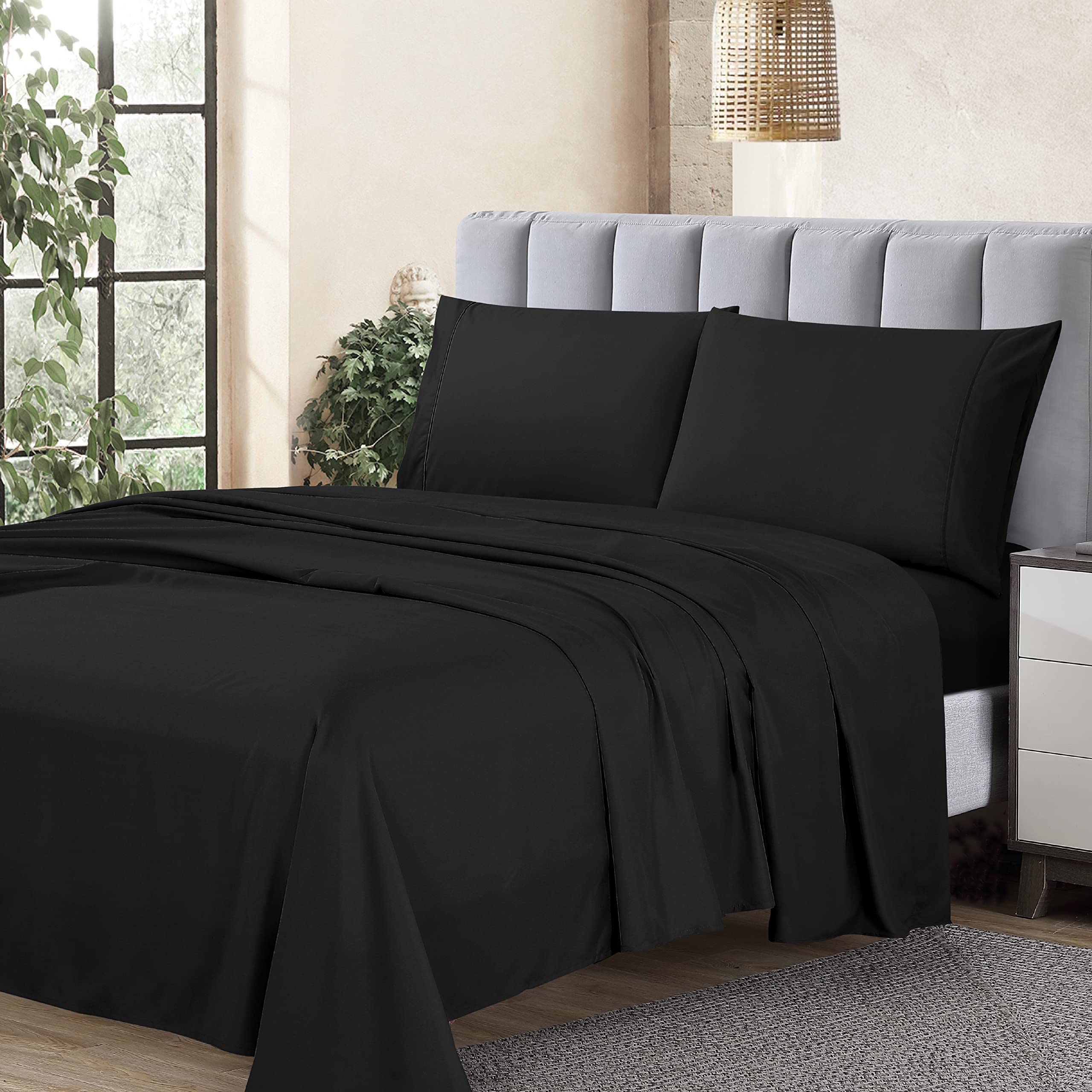 Cathay Home Essentials Ultra Soft Hypoallergenic Wrinkle Resistant Double Brushed Microfiber Bedding Sheet Set, Black, Twin