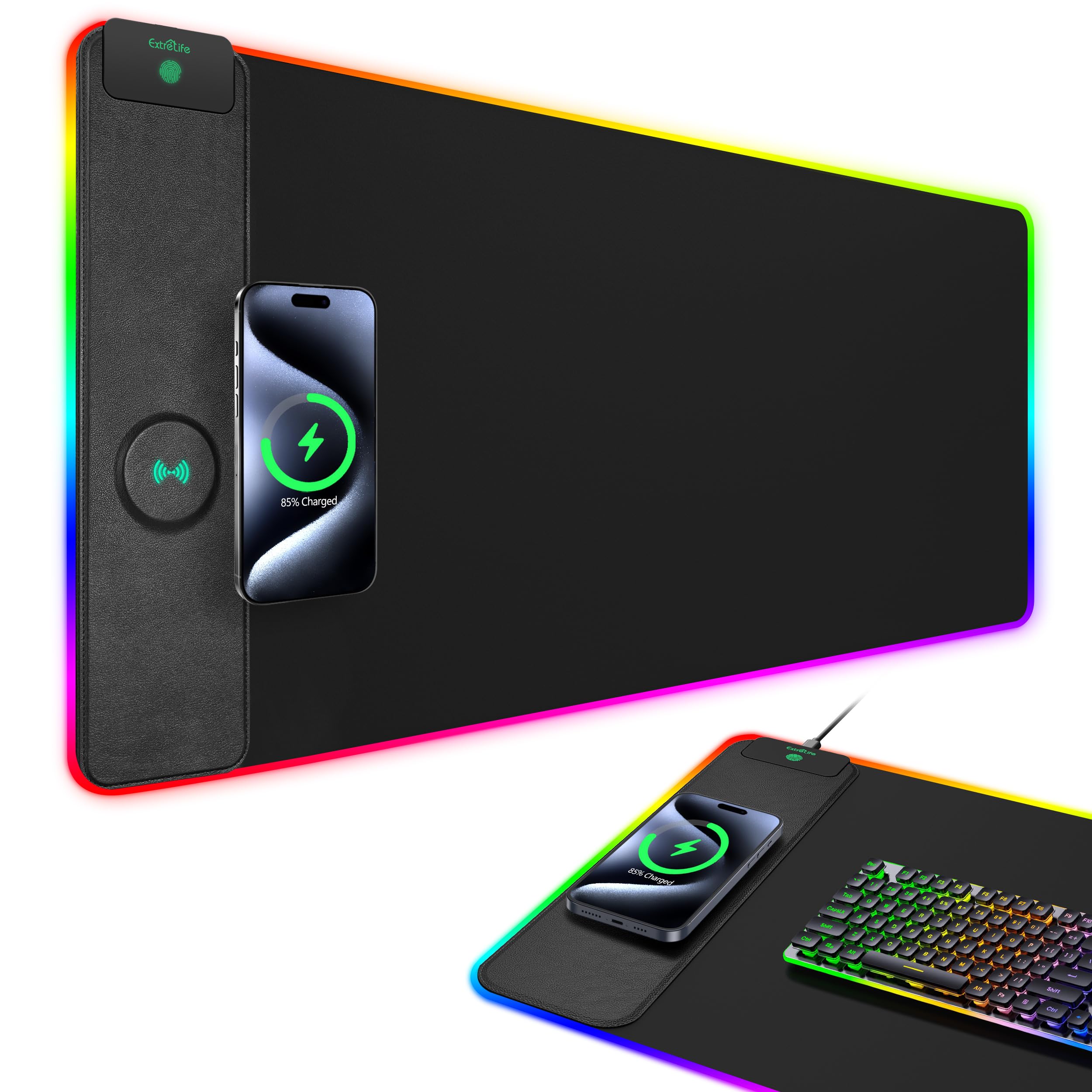 Mouse Pad with Wireless Charging, RGB Gaming Desk Mat, Large XXL Desk Pad, 15 Lighting Modes, Ultra-Smooth Surface, Non-Slip Mou